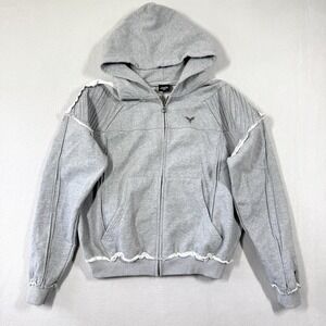 Ditch LA Biker Hoodie Mens Medium Full Zip Hooded Raw Hem Detail Bat Logo Grey